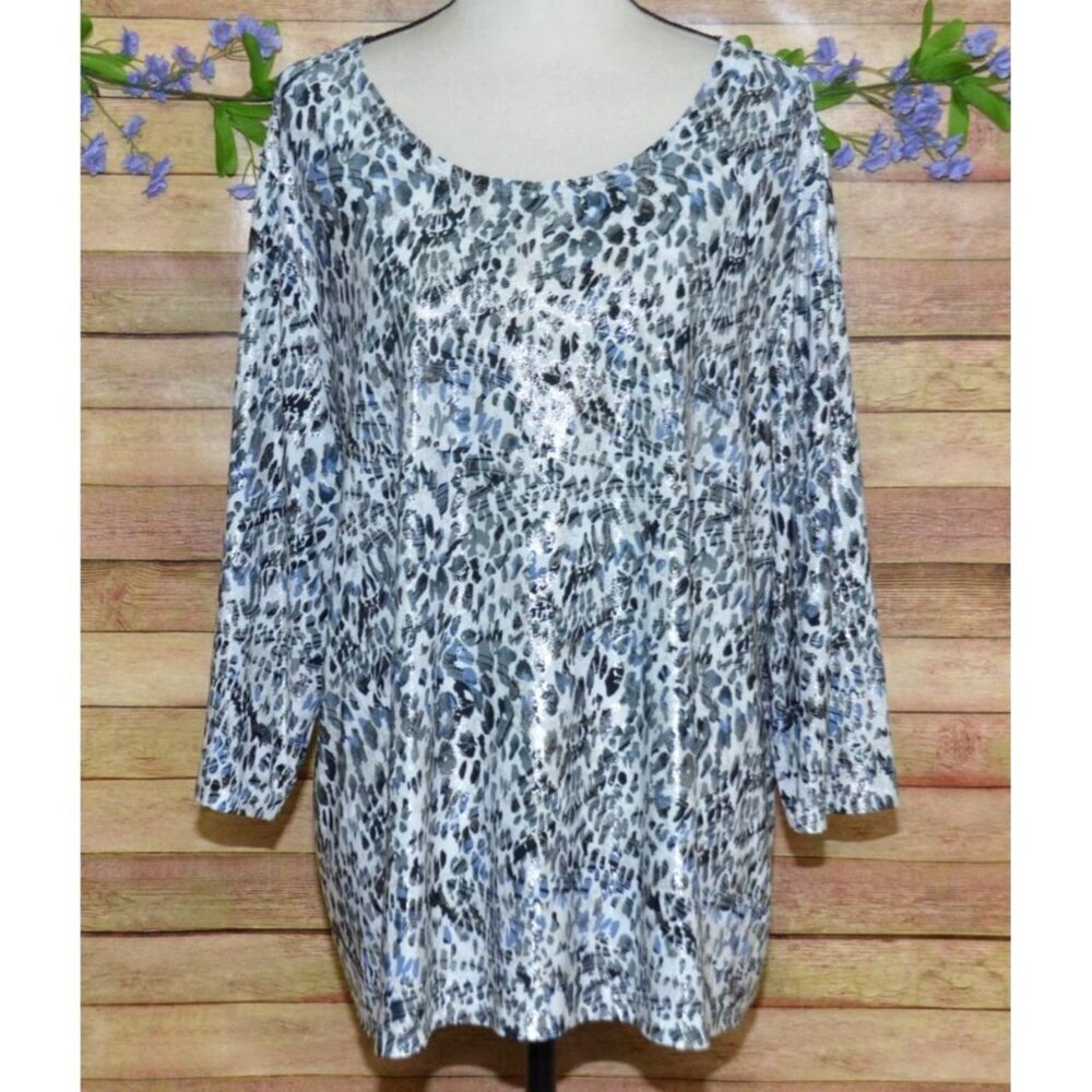 Rebecca Malone Women's Metallic Animal Print Thin Knit Top 1X 3/4 Sleeve Stretch
